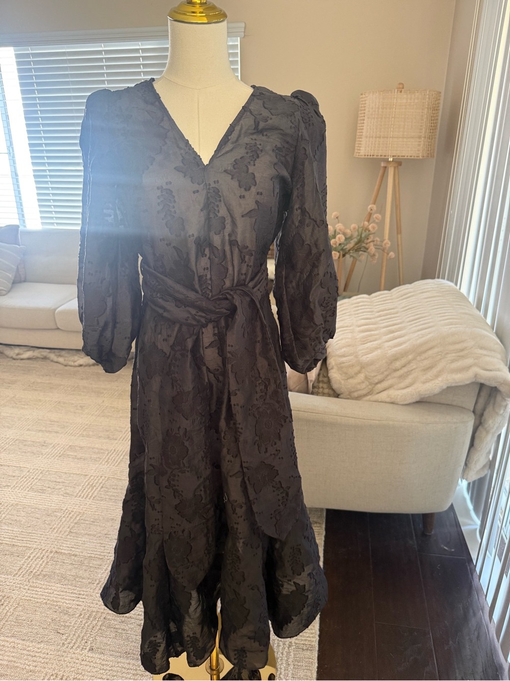 H&M Black Floral Jacquard V-Neck Midi Dress with Waist Tie